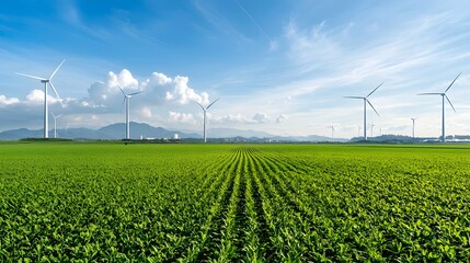 A vast green field dotted with rows of crops and surrounded by spinning wind turbines showcasing the of renewable energy and sustainable agriculture