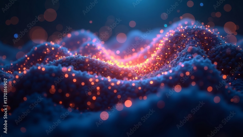 Poster abstract waves with glowing orange lights and bokeh effects against a dark blue background