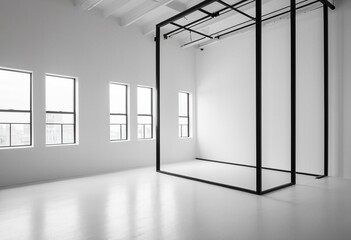 A large empty room with large windows in it.