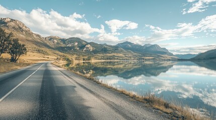 A quiet road running parallel to a crystal-clear lake, reflecting the sky and mountains