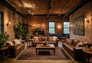 A living room filled with furniture and a brick wall.