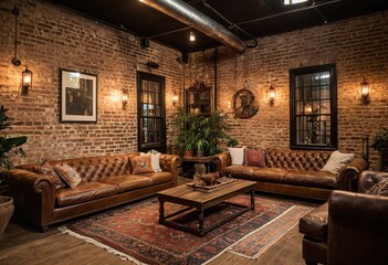 Fototapeta premium A living room filled with furniture and a brick wall.