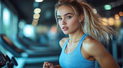 Fototapeta premium Stunning Fitness Model on Treadmill, Energetic and Healthy Lifestyle, Gym Workout, Athletic Woman, Active and Beautiful, Intense Exercise Session, Beautiful Blonde Woman Exercising
