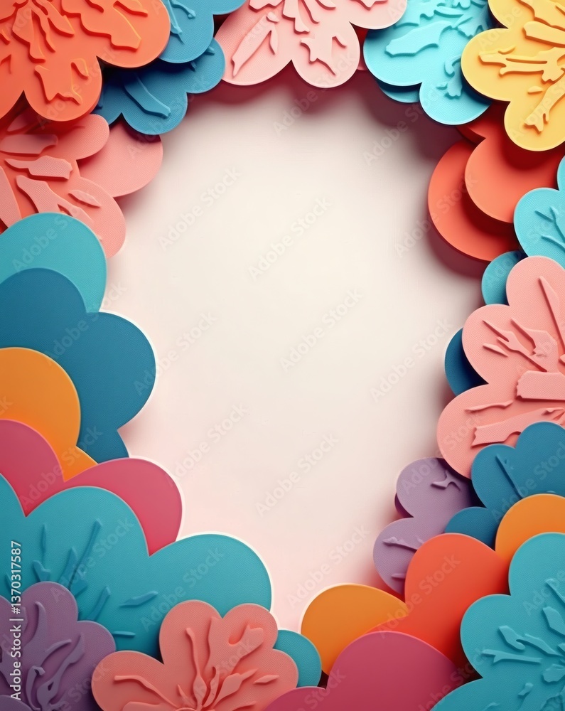 Aufkleber colorful paper flowers arranged around a blank space creating a vibrant frame. Each flower has unique layers of color and texture