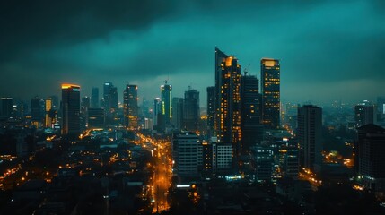 Obraz premium Metropolitan twilight, urban skyline illuminated under a dramatic sky