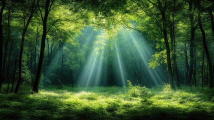 Fototapeta premium Sunlight streams through a lush forest