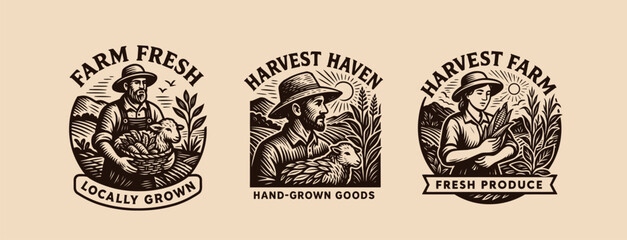 Traditional farm illustrations with farmers harvesting crops and animals