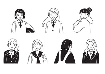 さまざまな女子学生の上半身セット