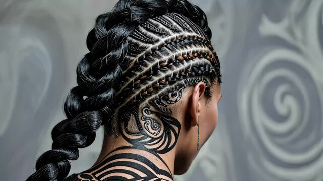 A woman displays a striking braided hairstyle complemented by elaborate tattoos on her neck and shoulders, against a softly textured background.