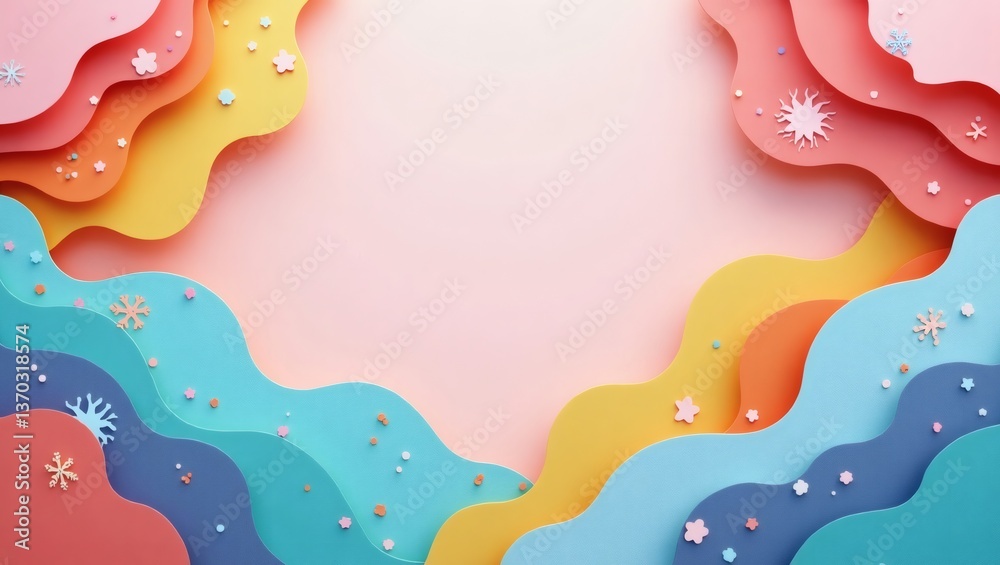 Poster a colorful layered paper design with an abstract wavy pattern, featuring various pastel hues 