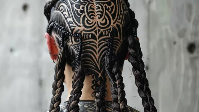 This unique hairstyle showcases intricate braided designs with detailed shaved patterns on the back, highlighting creative artistry and individual style.