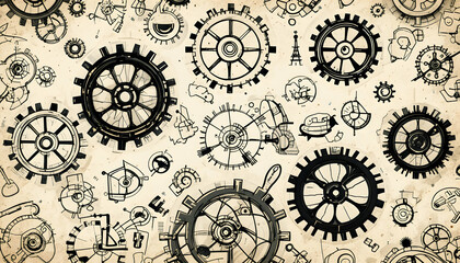 Steampunk Gears and Cogs Background Industrial Revolution Design Mechanical Engineering Blueprint Vintage Retro Style Texture