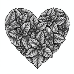 Mint Heart: A visually captivating artistic depiction of a heart formed entirely from intricate mint leaves, conveying freshness and organic essence.