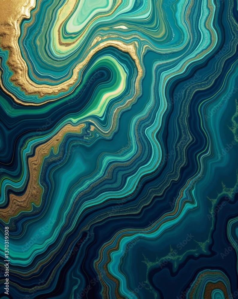Poster an abstract painting that mimics the beauty of a gemstone. The swirling patterns create a sense of depth and movement, with gold accents adding a touch of luxury