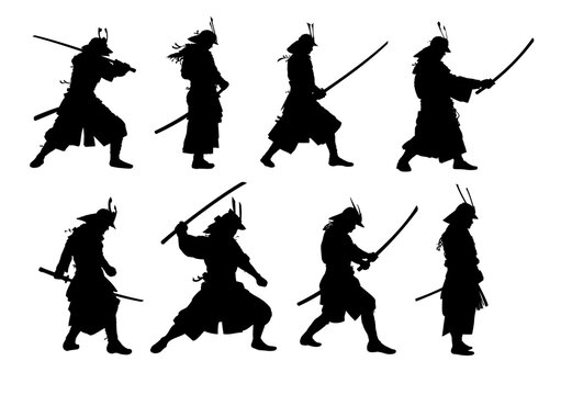 Set od silhouette of a samurai with a sword - vector illustration.