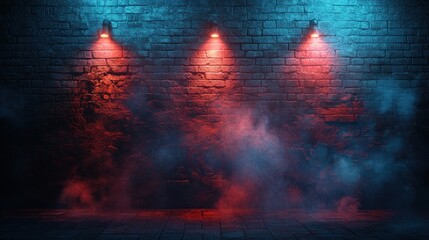 Neon Brick Wall Night Scene: Red and Blue Lights Illuminate Smoky Atmosphere