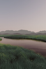 3D Surreal Landscape at sunset