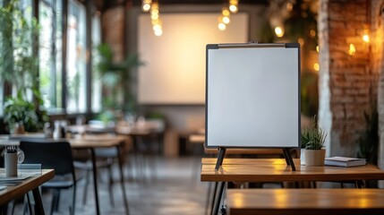 Blank Whiteboard in a Modern Cafe Setting