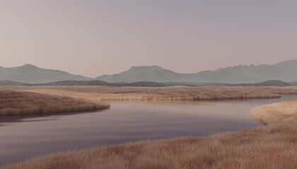 3D Surreal Landscape at sunset
