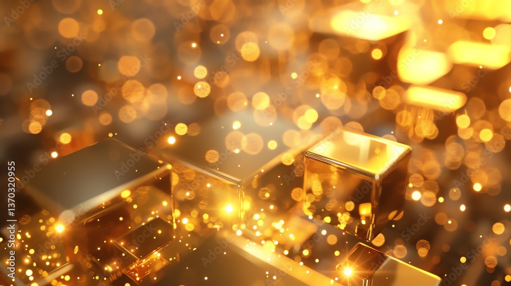 Wall mural golden cubes with glowing edges on a dark background. 3d rendering.