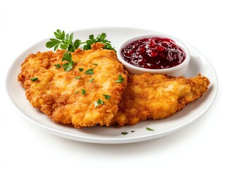 Golden Fried Schnitzel with Cranberry Sauce on a White Plate