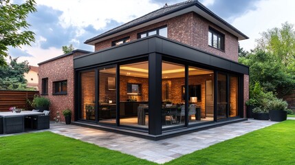 Modern Brick House with Glass Extension and Lush Green Lawn
