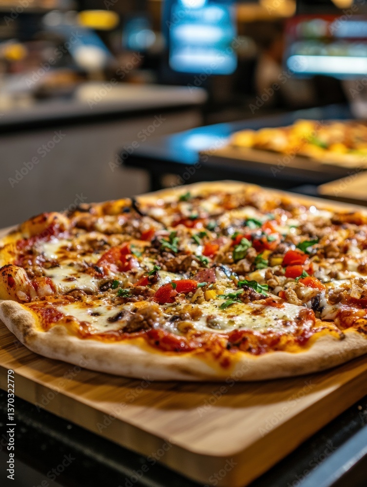 Poster freshly baked pizza with vibrant toppings displayed on a wooden tray in a modern grocery store setti