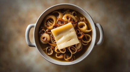Obraz premium Homemade French Onion Soup with Melted Cheese in a Ceramic Bowl