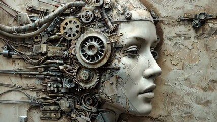 A human-like face crafted from intricate mechanical parts and gears illustrates the blend of technology and creativity in a unique art installation.