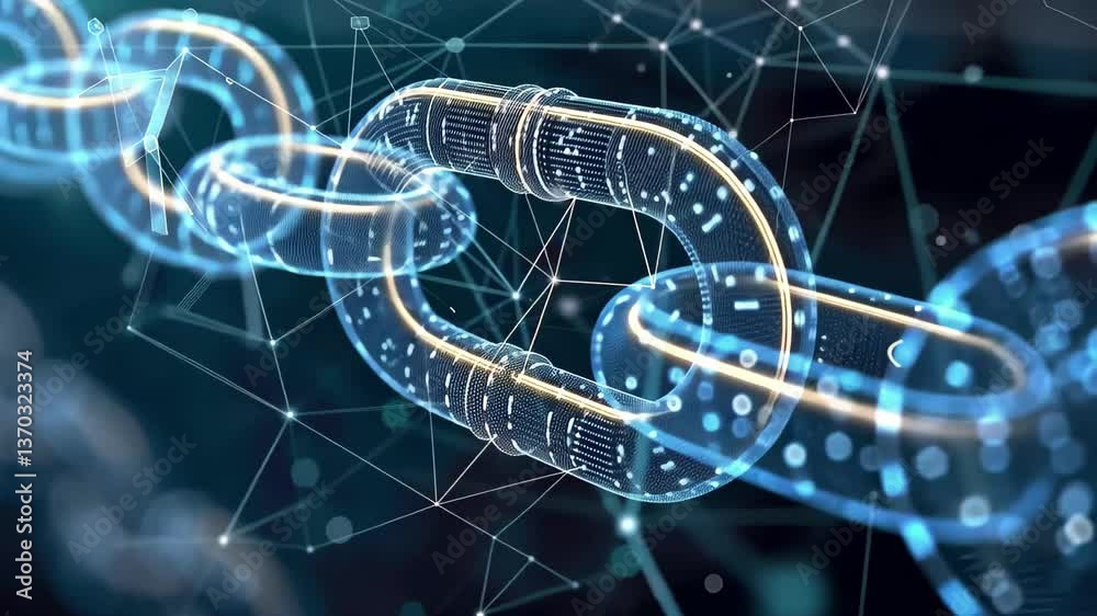 Poster a vibrant depiction of digital chain links symbolizing blockchain technology, illuminated with glowi