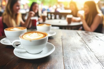 Friends sharing coffee at a vibrant cafe during a sunny afternoon gathering