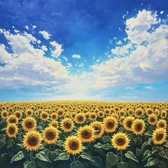 Obraz premium Vibrant sunflower field swaying gently beneath a bright blue sky