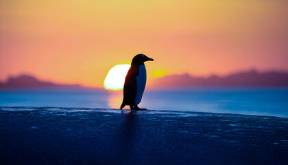 Obraz premium Silhouette of a penguin standing at sunset against a colorful horizon by the sea