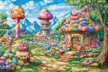 Fototapeta premium Candyland Cottage Sweet Dreamscape Fantasy Illustration.