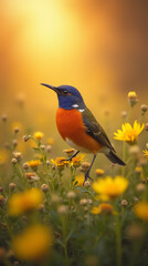 Vibrant Songbird Amid Golden Wildflowers at Sunset – Serene Wildlife Moment Capturing Springtime Beauty and Nature’s Golden Hour Glow