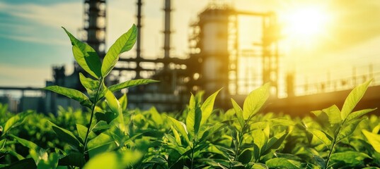 Lush Greenery Thriving Near an Industrial Complex Under Bright Sunlight Showcasing Symbiosis of Nature and Industry with a Clear Blue Sky