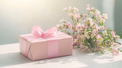 Pastel Pink Gift Box with Ribbon and Fresh Flowers on a White Table