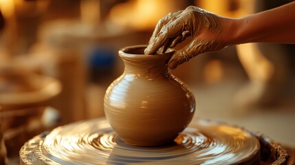 Hands shaping a clay pot on a potter's wheel