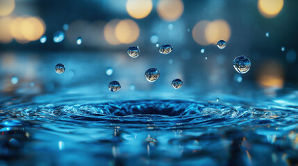 Water droplets suspended in mid-air above a reflective water surface