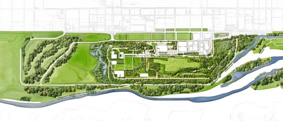 Aerial view rendering of planned green space with water features and buildings