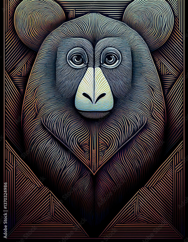 Poster creative geometric interpretation showcases monkey face design with intricate shapes and textures