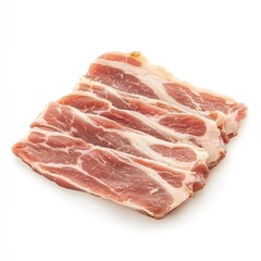 Freshly sliced pork belly arranged neatly on a white surface, ready for cooking or presentation