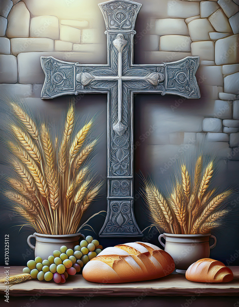 Poster rustic display of wheat, bread, and grapes against a gray stone wall with a carved cross