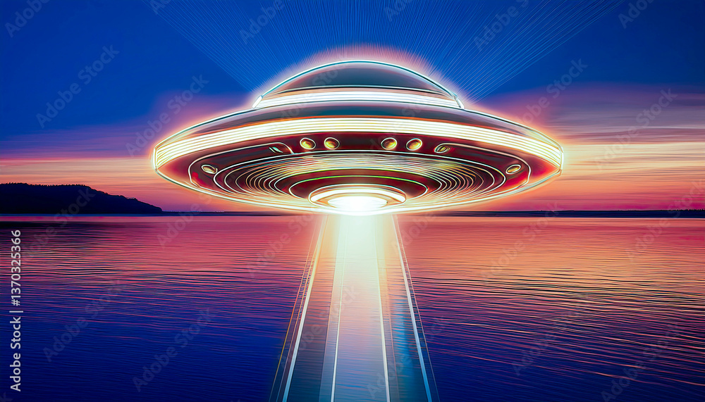 Poster Smooth glowing UFO hovering over a tranquil lake during a twilight sky