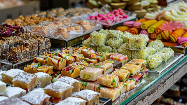 A colorful array of traditional sweets fills the market stall, showcasing various shapes, colors, and textures, attracting visitors with their enticing appearance.