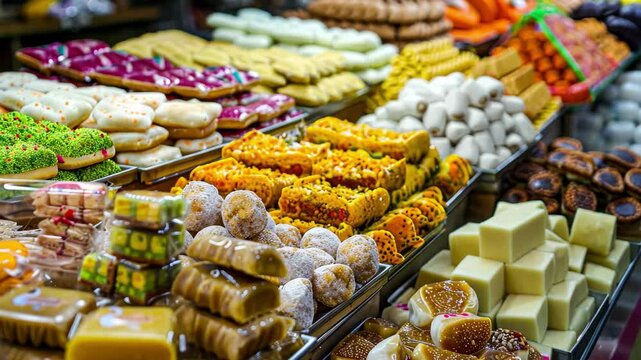 A vibrant array of traditional sweets fills the tables at a lively market in the evening, showcasing tempting treats that draw in customers with their bright colors and enticing aromas.