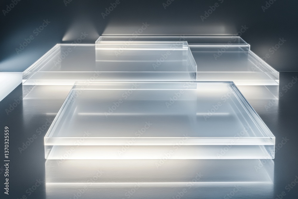 Poster floating transparent glass panels create a futuristic, high-end minimalist aesthetic with soft glowi
