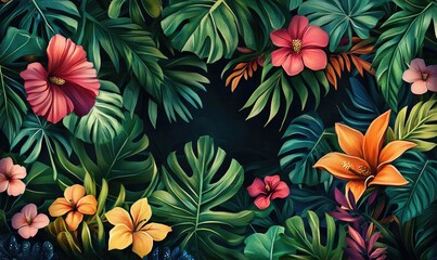 Lush Tropical Foliage with Hibiscus Flowers in Green Pink Orange and Red Against a Dark Background Vivid Botanical Illustration and Exotic Plant Life