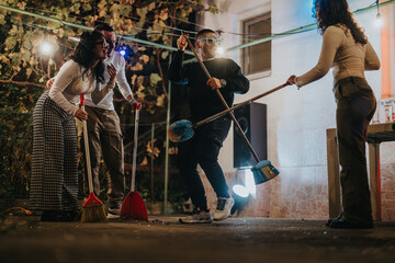 A dynamic scene at a festive outdoor event where friends engage in cheerful activities under...