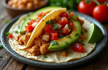 A taco with marinated chicken avocado and a fiery salsa served on a stone plate with a side of beans
